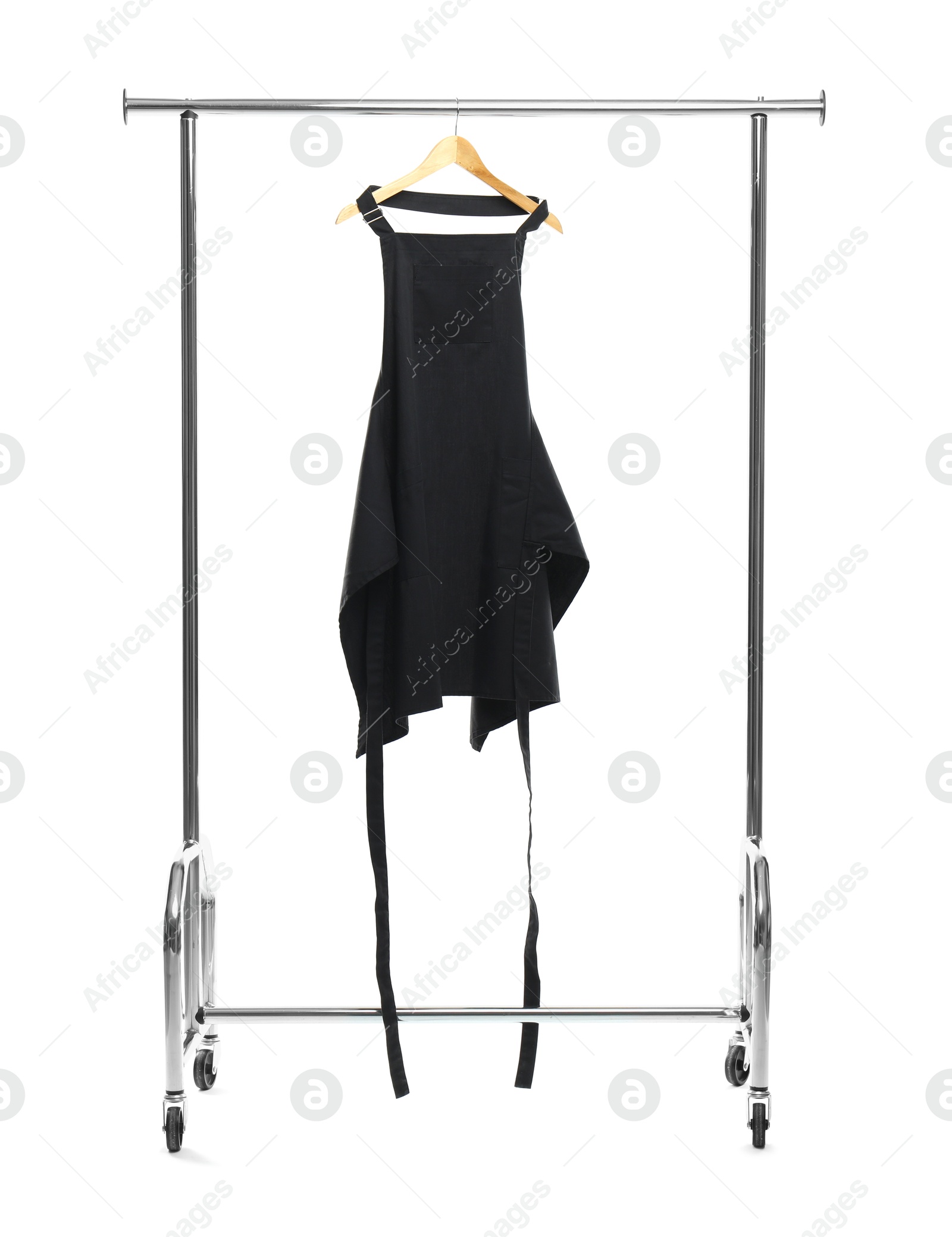 Photo of One apron on clothing rack isolated on white