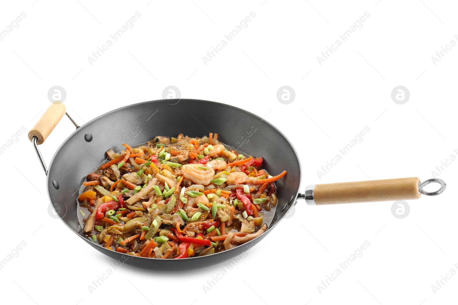 Photo of Stir-fry sea food in wok isolated on white