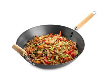 Stir-fry sea food in wok isolated on white