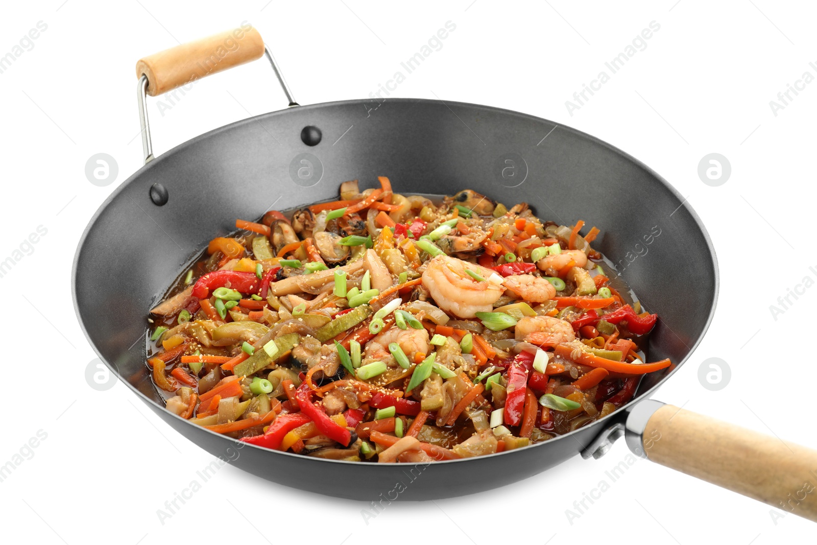 Photo of Stir-fry sea food in wok isolated on white