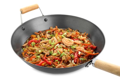 Photo of Stir-fry sea food in wok isolated on white