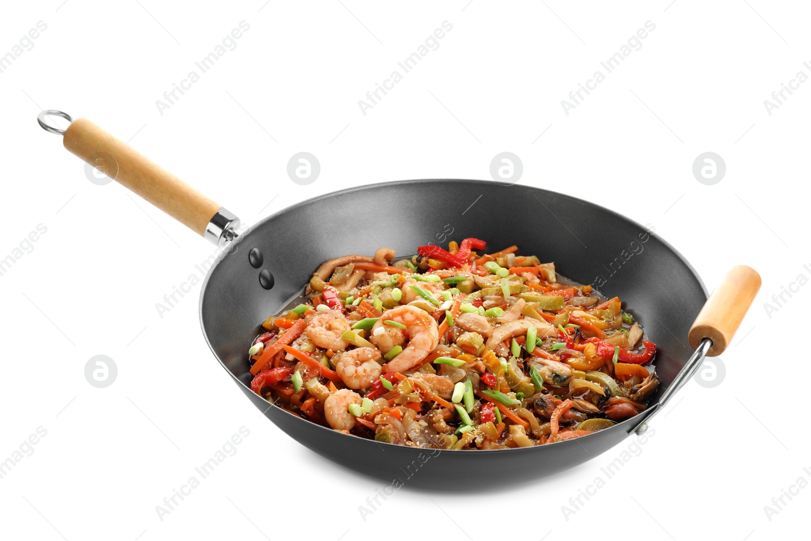 Photo of Stir-fry sea food in wok isolated on white