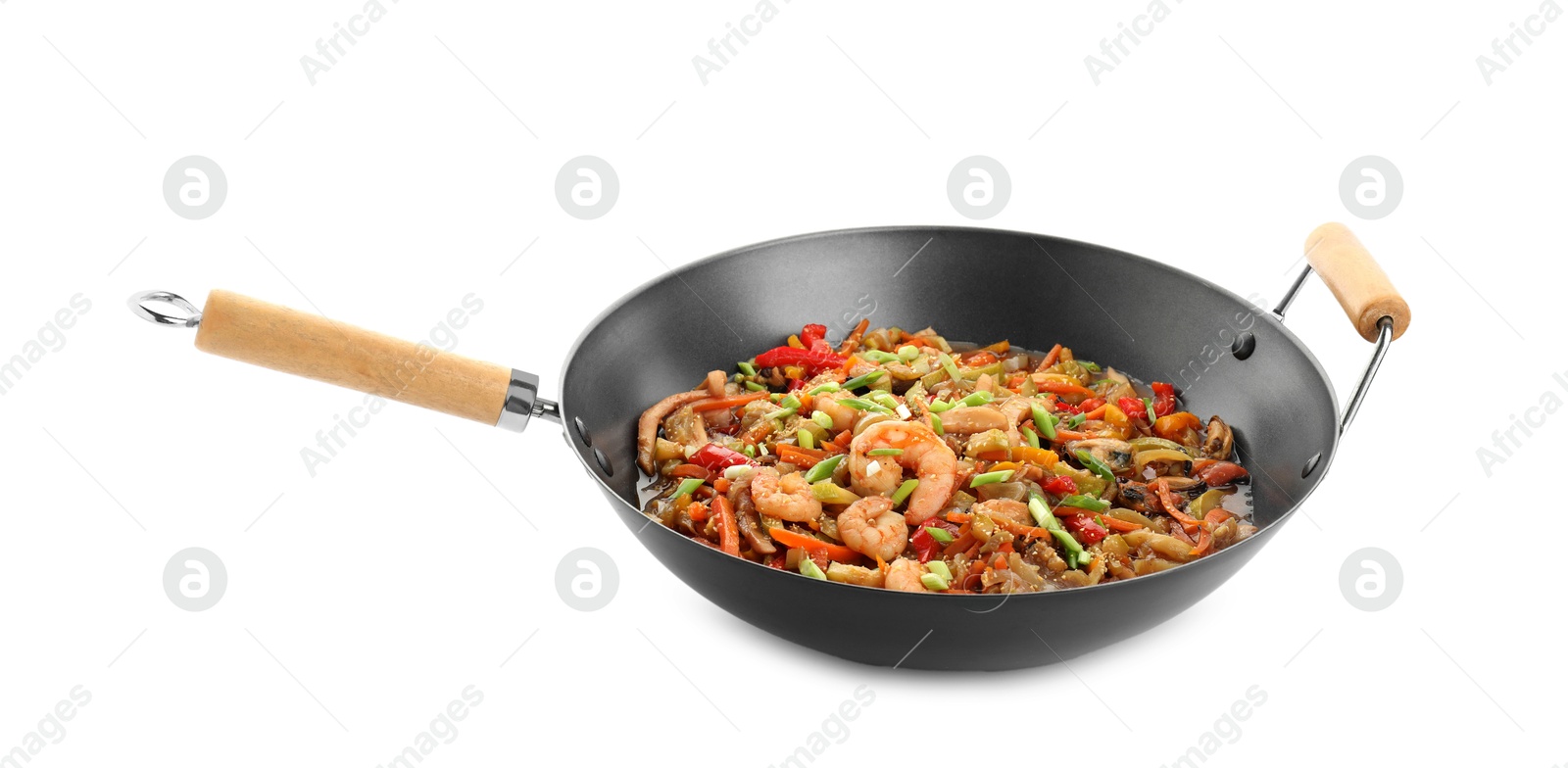 Photo of Stir-fry sea food in wok isolated on white