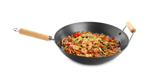 Photo of Stir-fry sea food in wok isolated on white