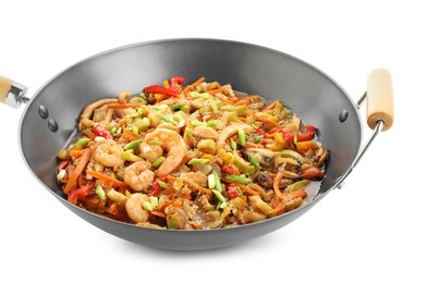 Photo of Stir-fry sea food in wok isolated on white