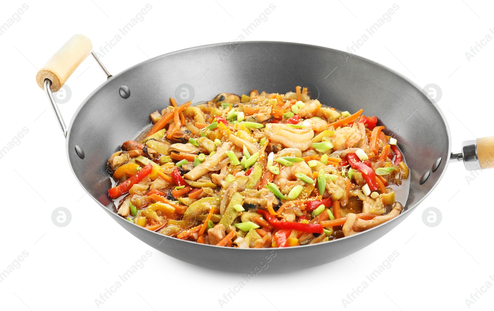 Photo of Stir-fry sea food in wok isolated on white