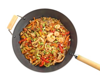 Photo of Stir-fry sea food in wok isolated on white, top view