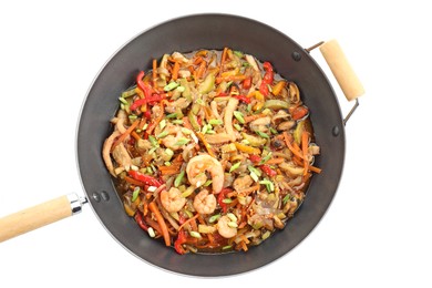 Photo of Stir-fry sea food in wok isolated on white, top view