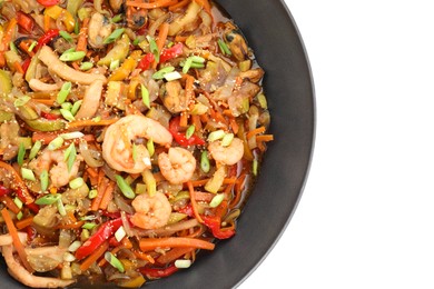 Photo of Stir-fry sea food in wok isolated on white, top view