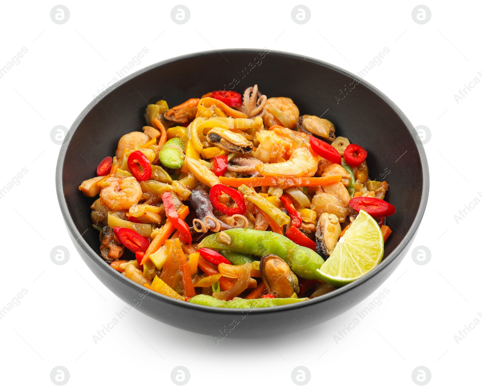 Photo of Stir-fry sea food in bowl isolated on white