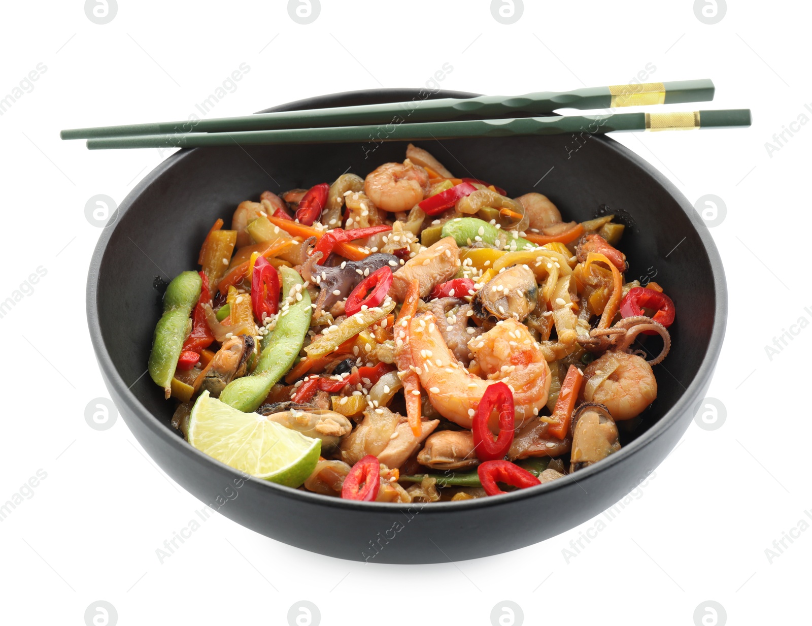 Photo of Stir-fry sea food in bowl and chopsticks isolated on white