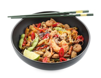 Stir-fry sea food in bowl and chopsticks isolated on white