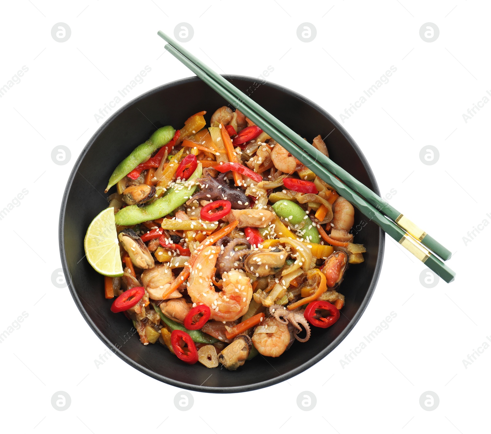 Photo of Stir-fry sea food in bowl and chopsticks isolated on white, top view