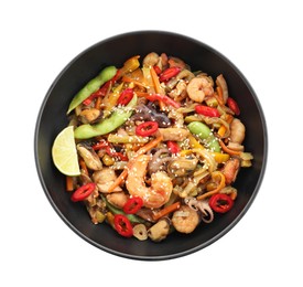 Photo of Stir-fry sea food in bowl isolated on white, top view