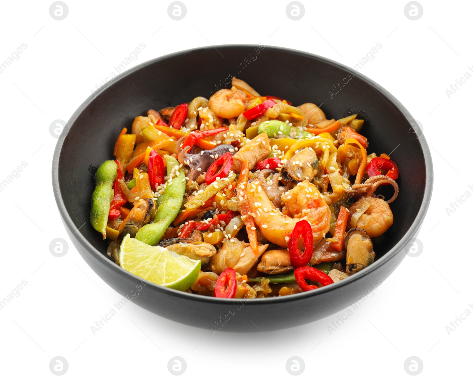 Photo of Stir-fry sea food in bowl isolated on white