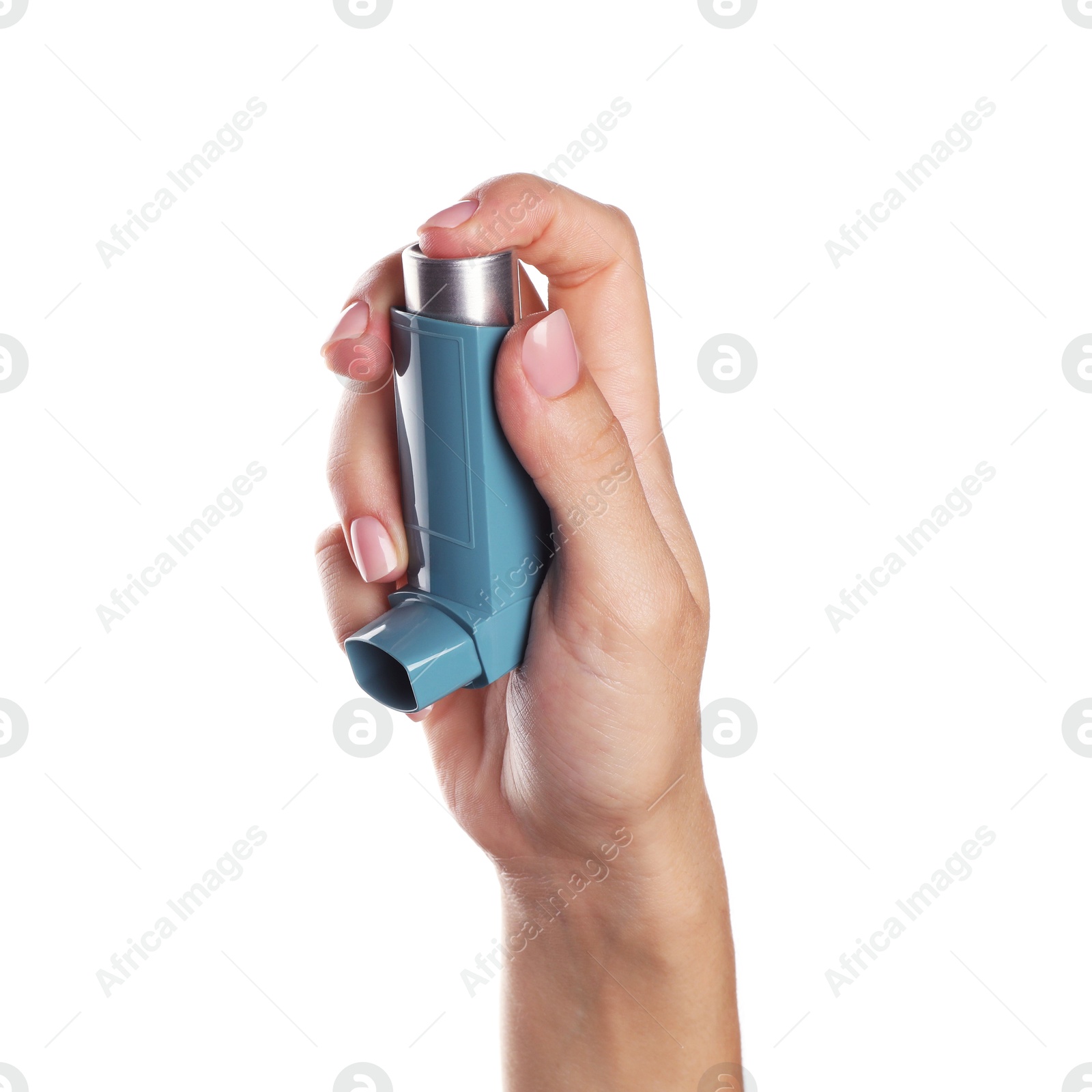 Photo of Woman holding asthma inhaler on white background, closeup