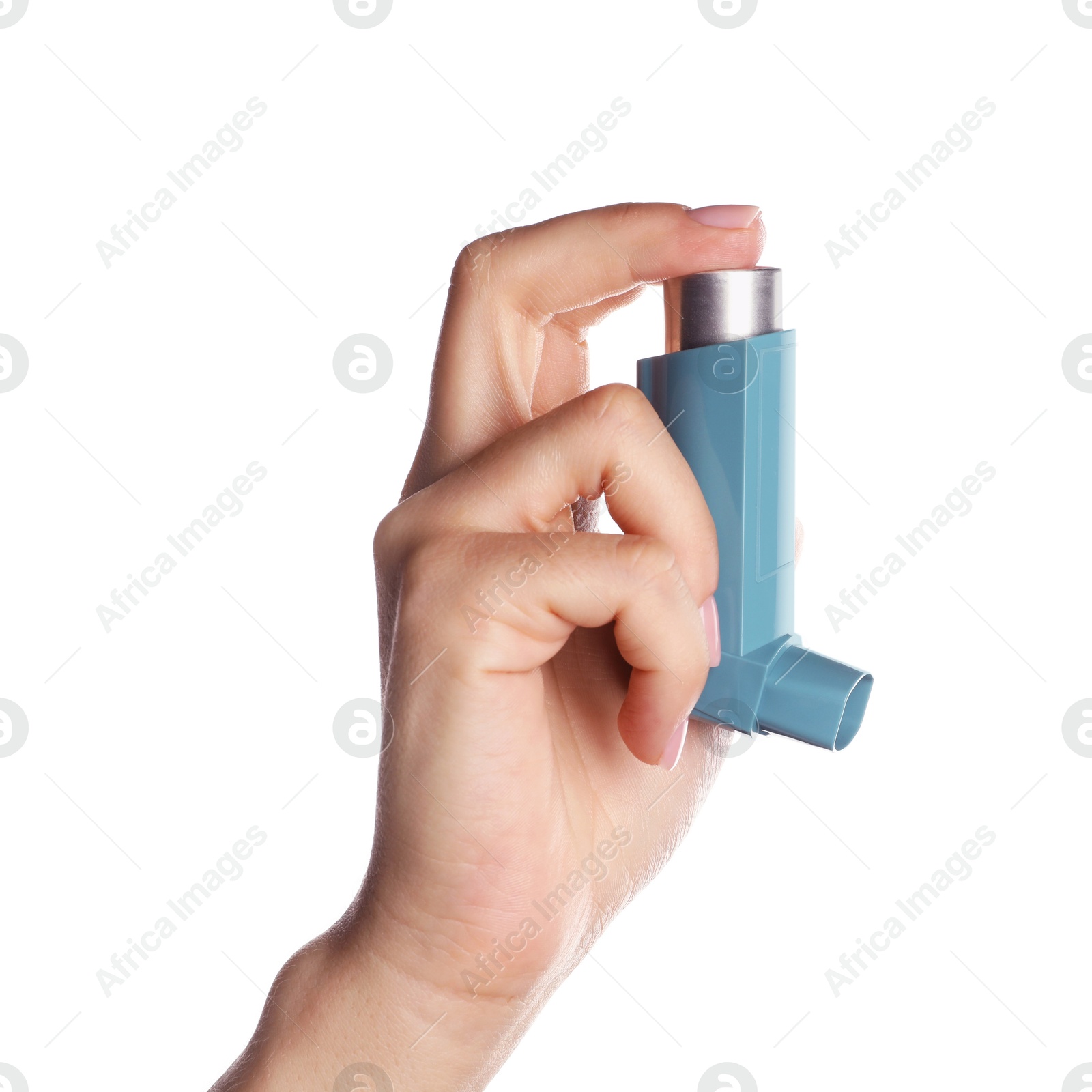 Photo of Woman holding asthma inhaler on white background, closeup