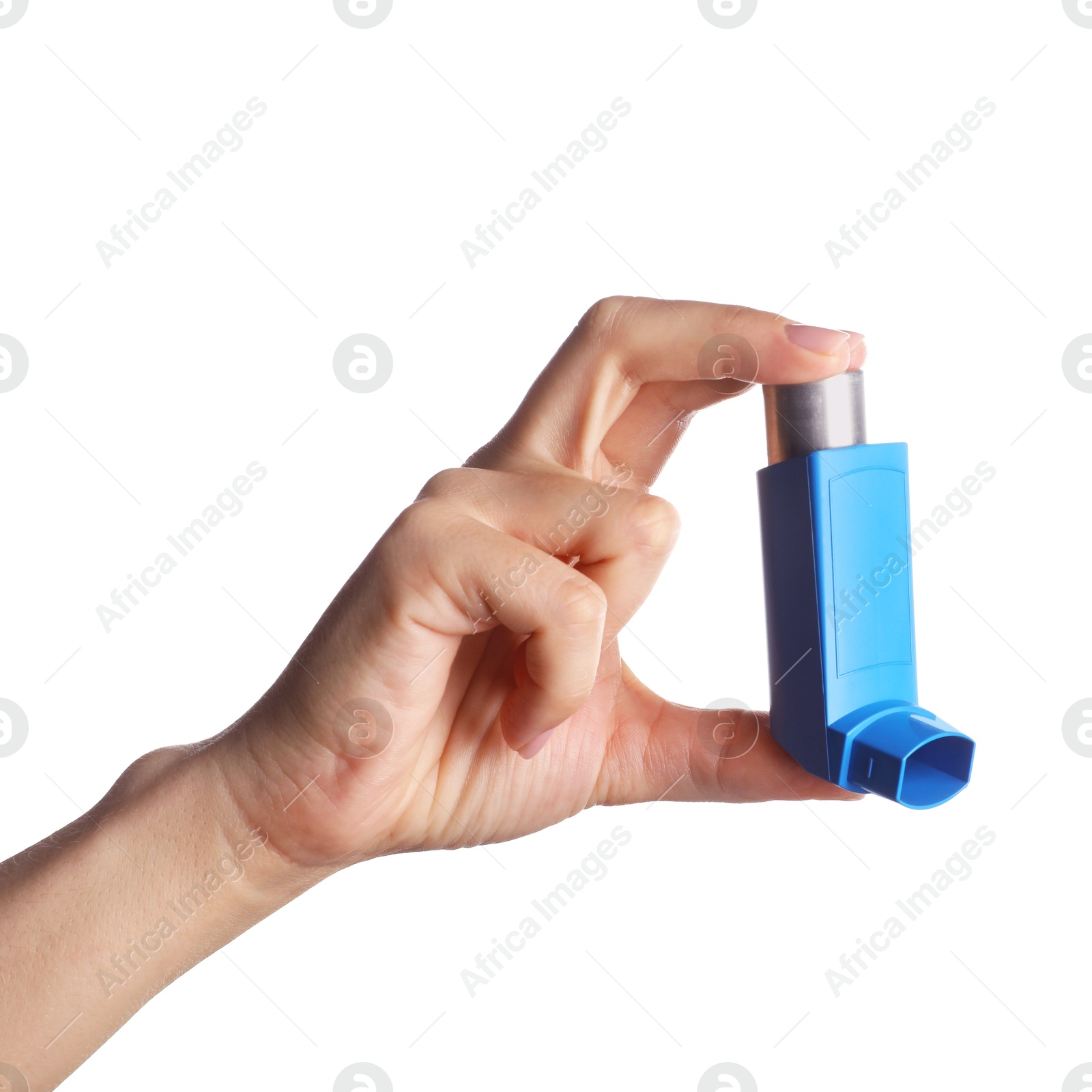 Photo of Woman holding asthma inhaler on white background, closeup