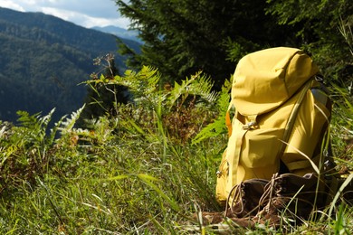 Backpack and trekking shoes on green grass outdoors