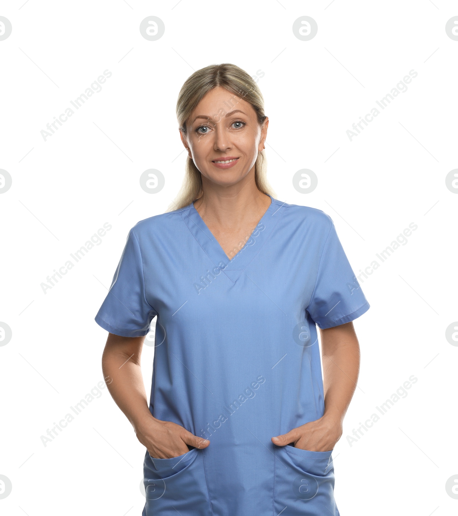 Photo of Portrait of nurse in medical uniform isolated on white