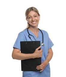 Doctor in medical uniform with clipboard and stethoscope isolated on white