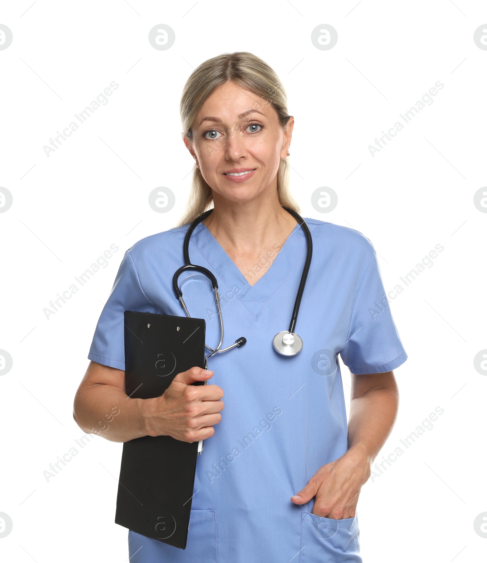 Photo of Doctor in medical uniform with clipboard and stethoscope isolated on white