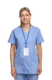 Photo of Portrait of nurse in medical uniform and badge isolated on white