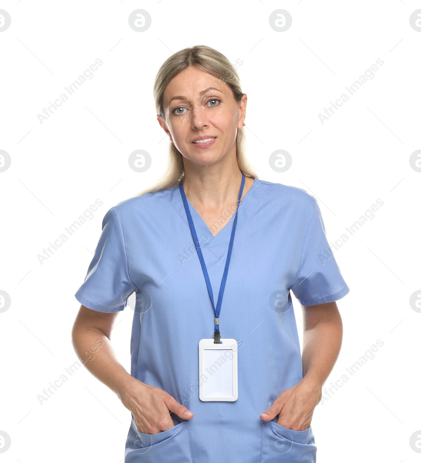 Photo of Portrait of nurse in medical uniform and badge isolated on white