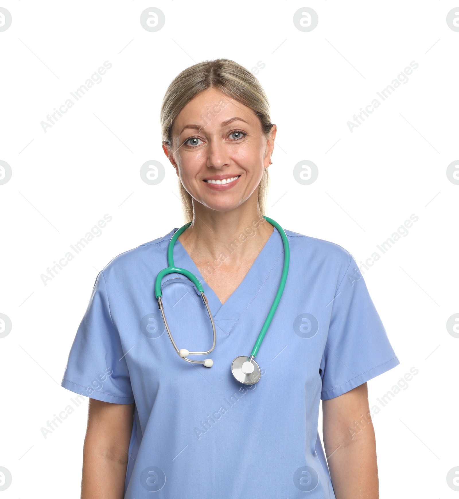 Photo of Portrait of doctor in medical uniform with stethoscope isolated on white