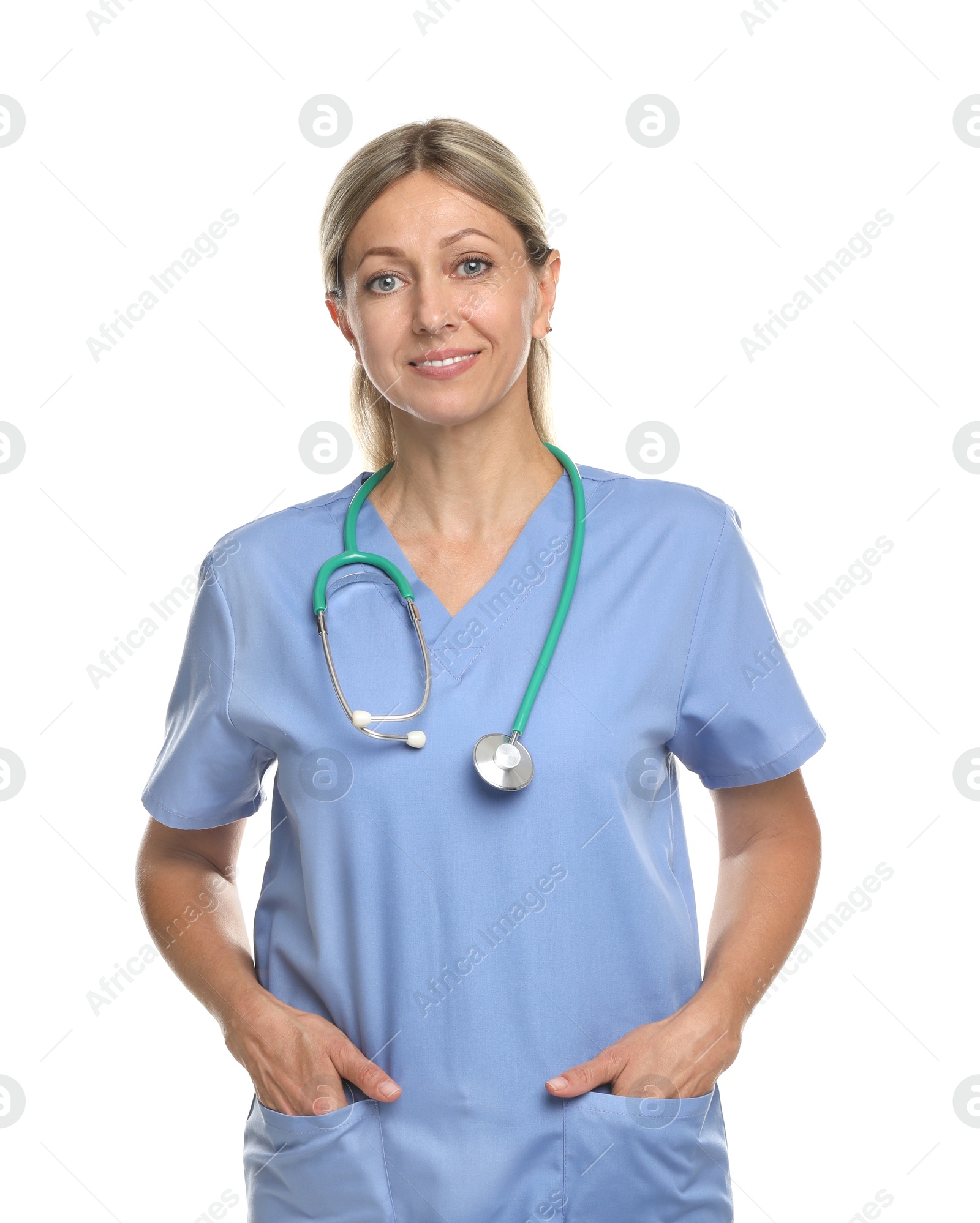 Photo of Portrait of doctor in medical uniform with stethoscope isolated on white