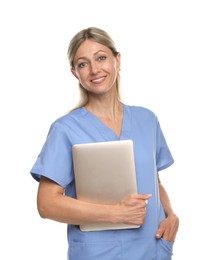 Photo of Doctor in medical uniform with laptop isolated on white