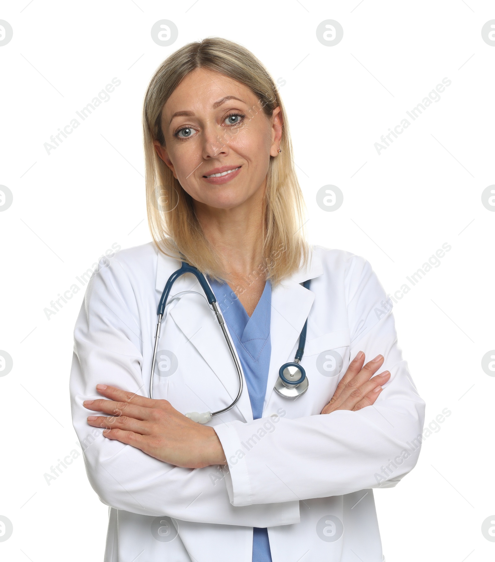 Photo of Portrait of doctor in medical uniform with stethoscope isolated on white