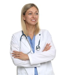 Photo of Portrait of doctor in medical uniform with stethoscope isolated on white