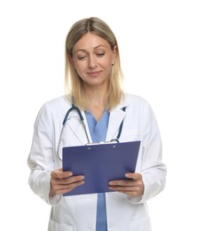 Portrait of doctor in medical uniform with stethoscope and clipboard isolated on white