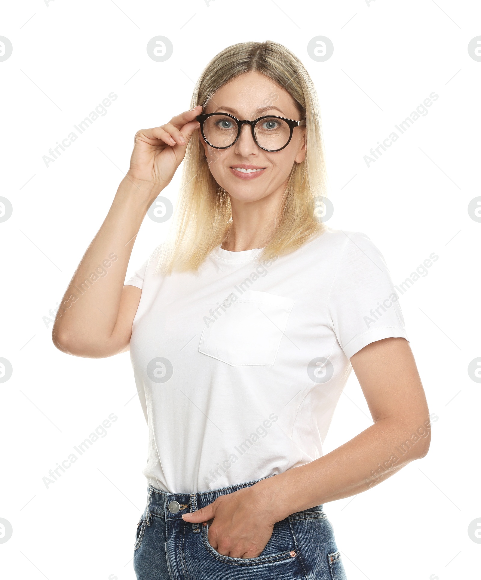 Photo of Portrait of beautiful smiling woman in glasses isolated on white