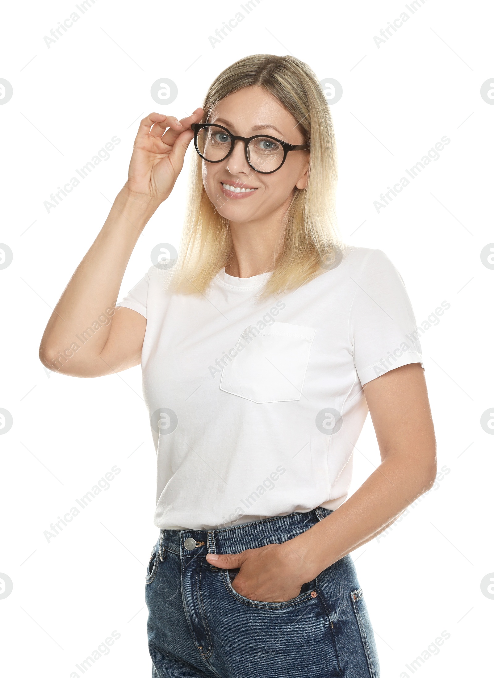 Photo of Portrait of beautiful smiling woman in glasses isolated on white