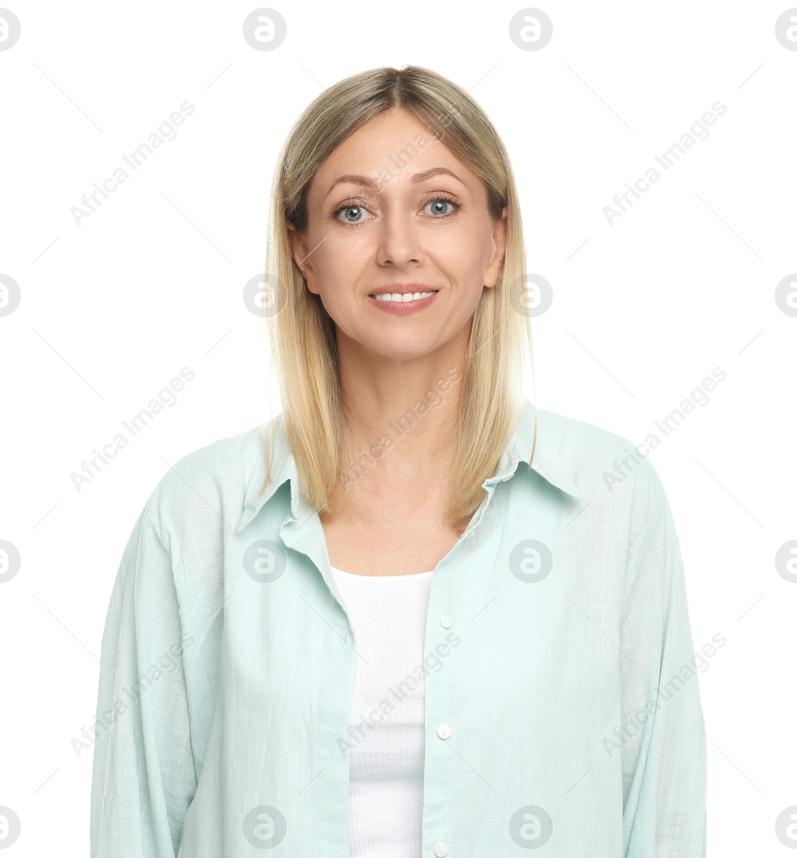 Photo of Portrait of beautiful smiling woman isolated on white