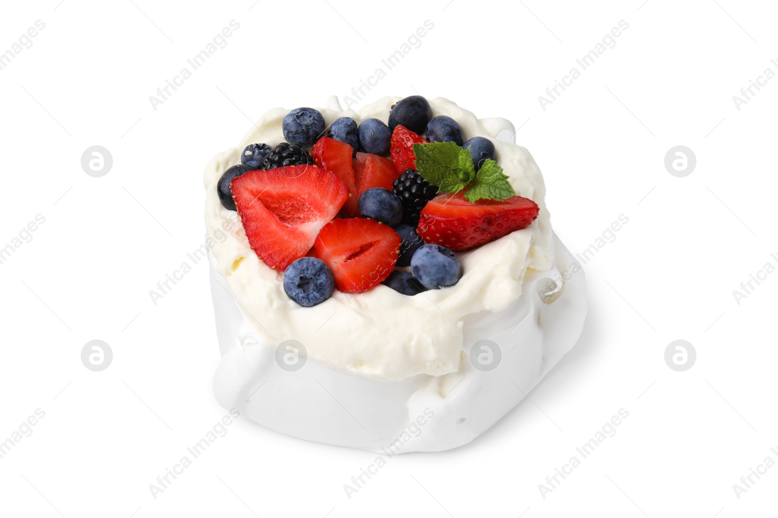 Photo of Pavlova cake (meringue dessert) with whipped cream, fresh berries and mint isolated on white