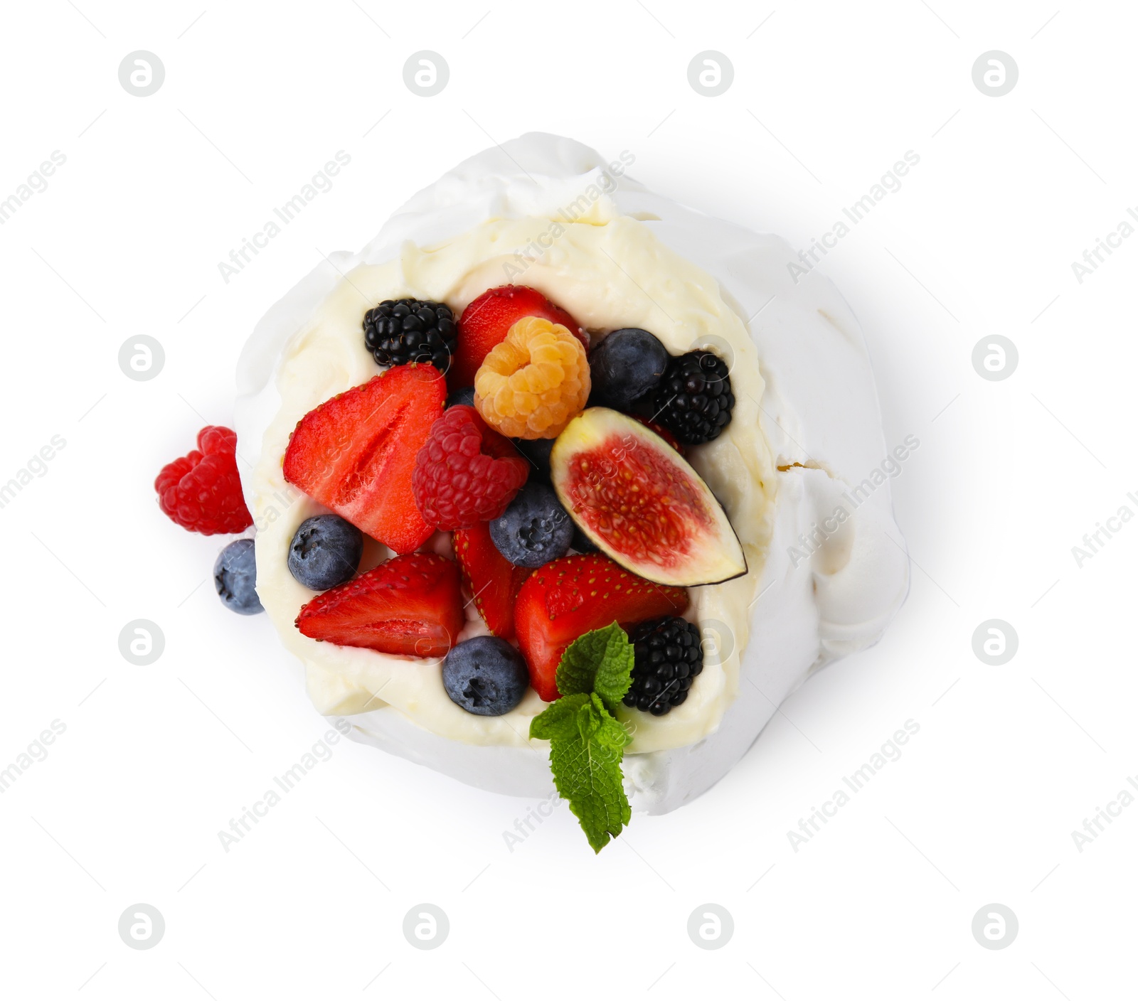 Photo of Pavlova cake (meringue dessert) with whipped cream, fresh berries, mint and fig isolated on white, top view