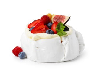 Photo of Pavlova cake (meringue dessert) with whipped cream, fresh berries, mint and fig isolated on white