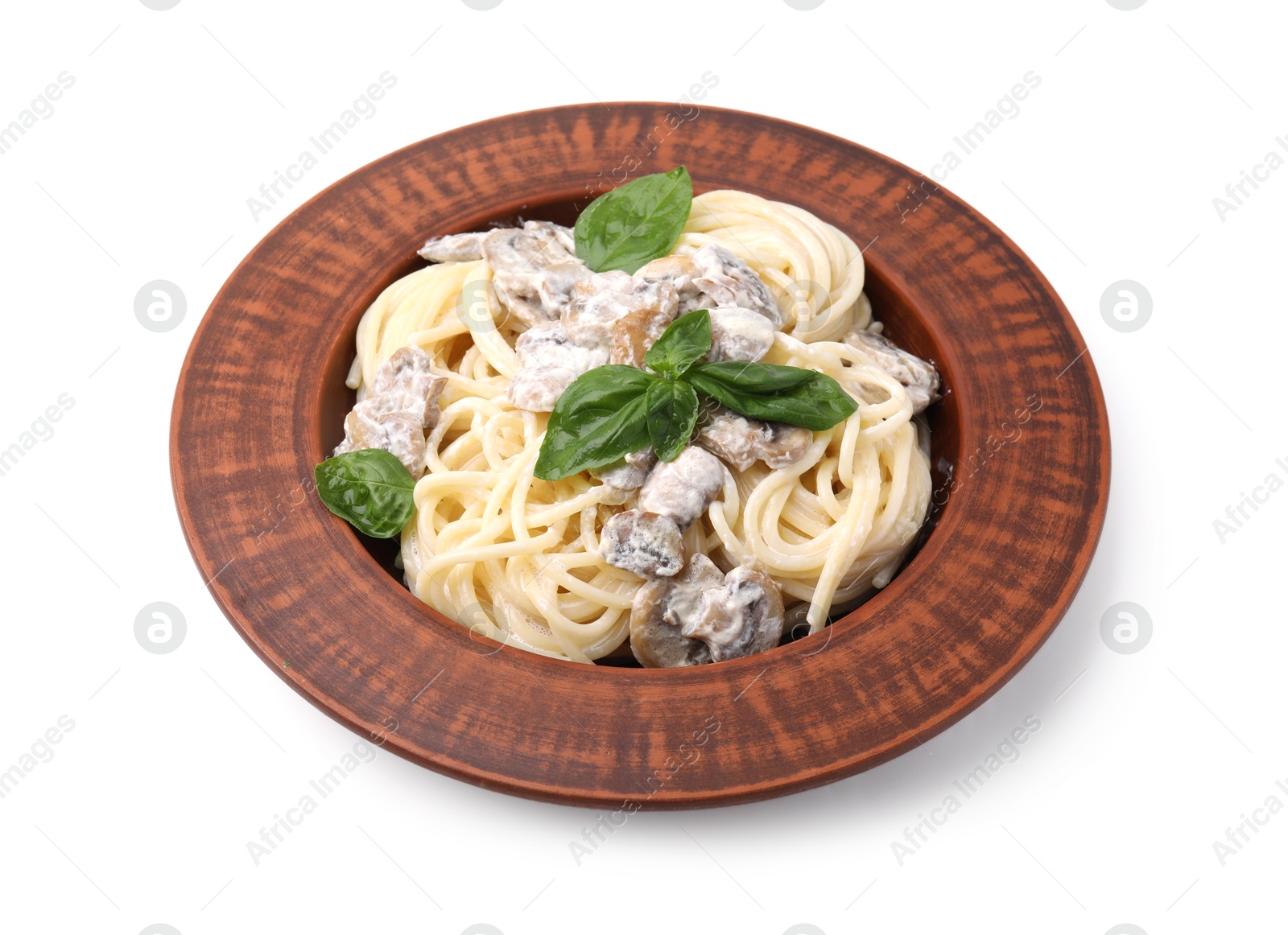 Photo of Delicious pasta with mushrooms and basil isolated on white