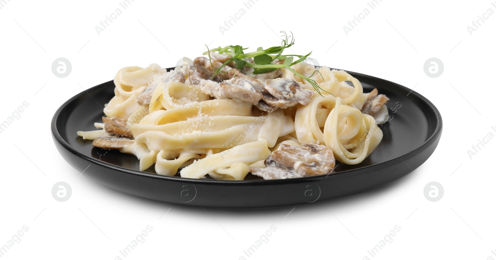 Photo of Delicious pasta with mushrooms isolated on white