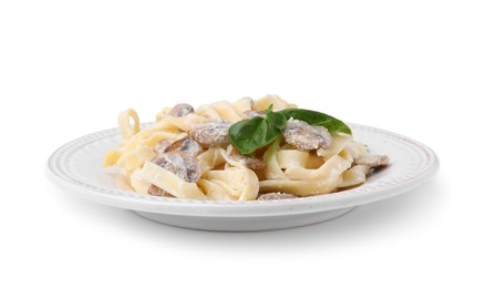 Photo of Delicious pasta with mushrooms and basil isolated on white