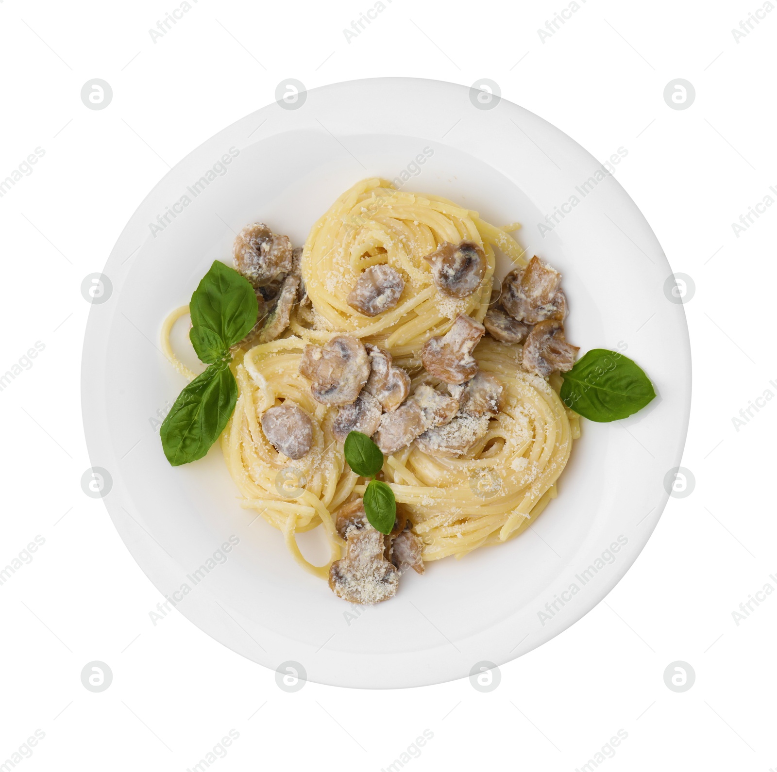 Photo of Delicious pasta with mushrooms and basil isolated on white, top view