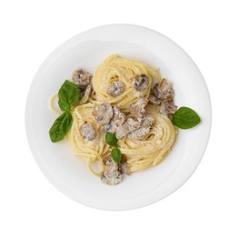 Photo of Delicious pasta with mushrooms and basil isolated on white, top view