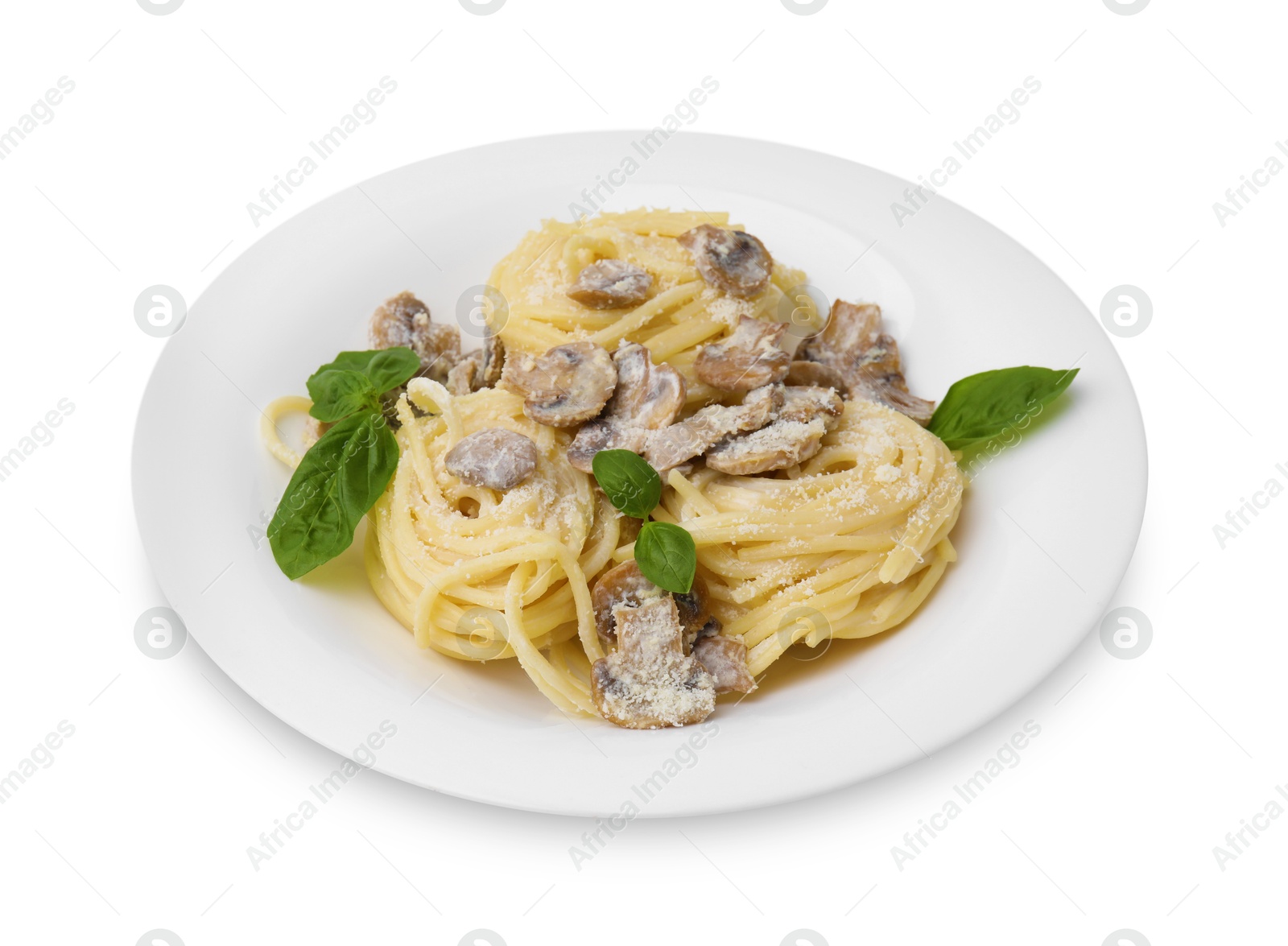 Photo of Delicious pasta with mushrooms and basil isolated on white