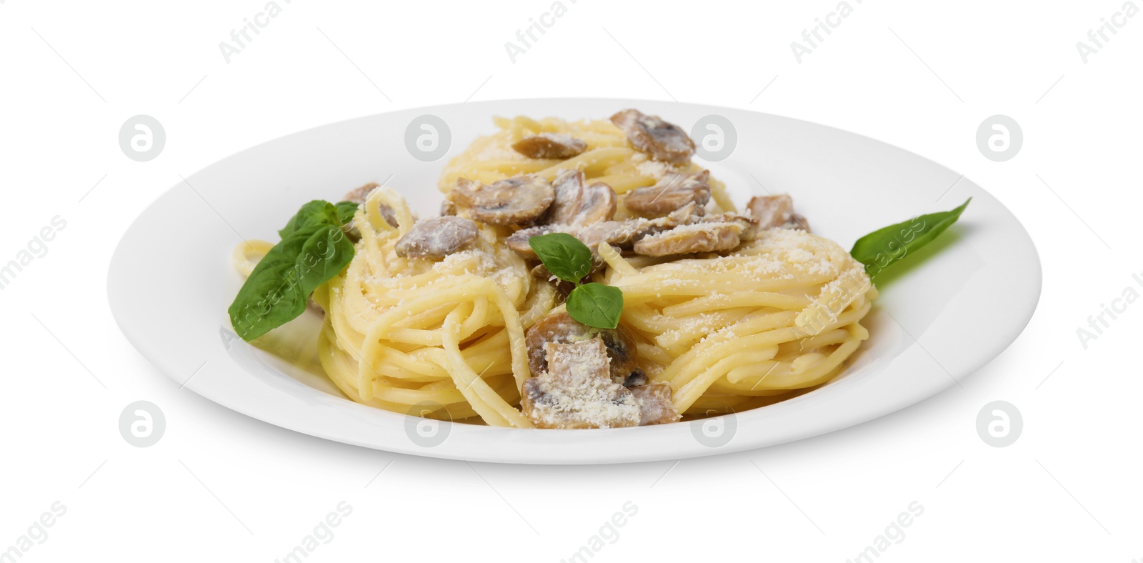 Photo of Delicious pasta with mushrooms and basil isolated on white