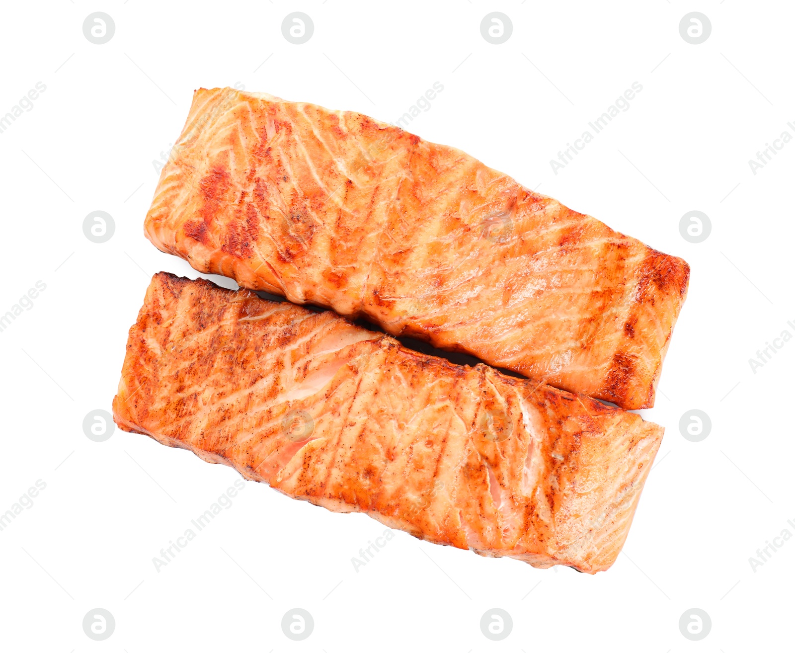 Photo of Delicious grilled salmon fillets isolated on white, top view