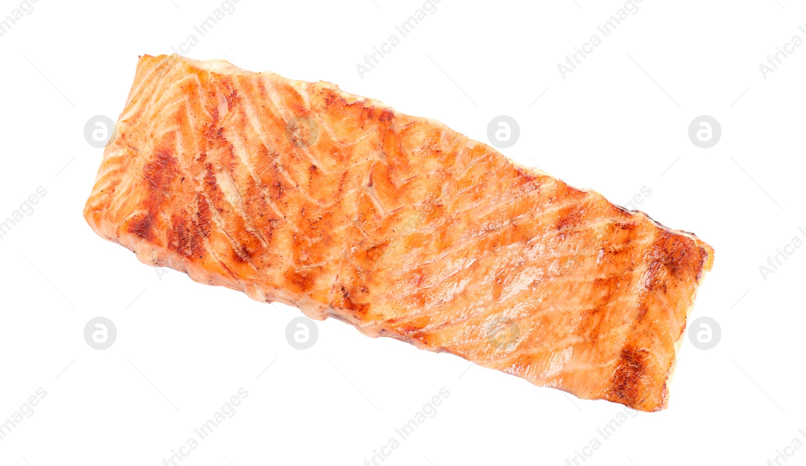 Photo of Delicious grilled salmon fillet isolated on white, top view