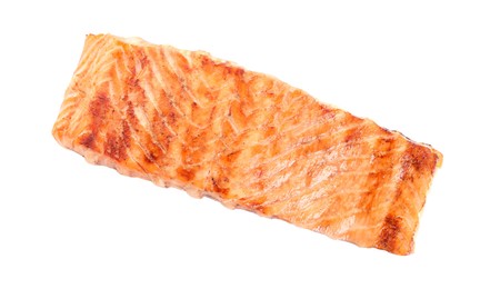 Photo of Delicious grilled salmon fillet isolated on white, top view